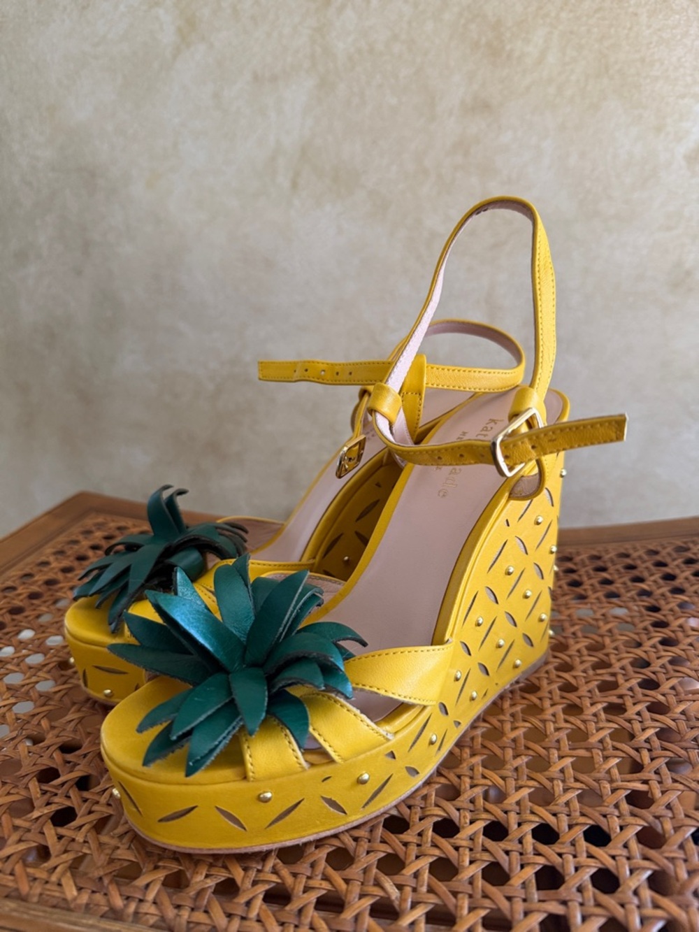 kate spade pineapple Yellow Wedge Sandals with Green Tropical Accent
